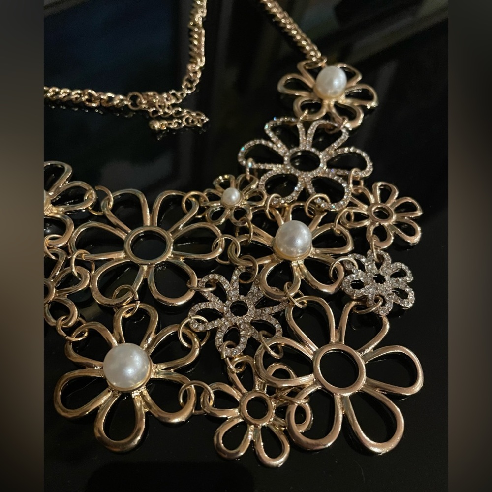Beautiful Bold Statement Floral Bib Necklace with Faux Pearls and Crystals